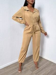 SHEIN Slayr Eo đàn hồi Dây kéo áo có mũ Áo liền quần - Màu Khaki - Xem 6