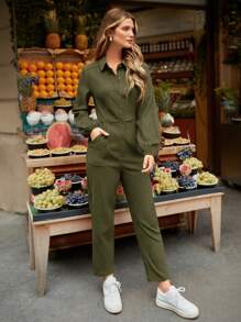 Poéselle 女士 Massx 隨性實色 鈕扣連身背帶褲,帶口袋和錐形褲管