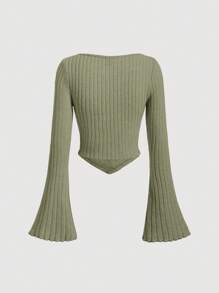 SHEIN MOD Drawstring Gathered Asymmetrical Hem Bell Sleeve T-Shirt - Green - View 2