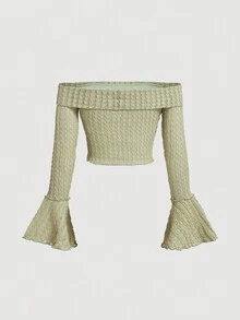 SHEIN MOD Women's Off Shoulder Ruffle Sleeve T-Shirt - Green - View 6