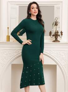 Modelyn Ladies' Slim Fit Sweater Dress With Pearl Embellishment - Green - View 5
