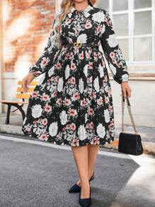 Celure Plus Size Floral Print Lantern Sleeve Tie Neck Dress - Multicolor - View 6