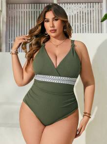 SHEIN Swim Curve Women's Plus Size Green Ribbed V-neck One-piece Swimsuit - Army Green - View 4