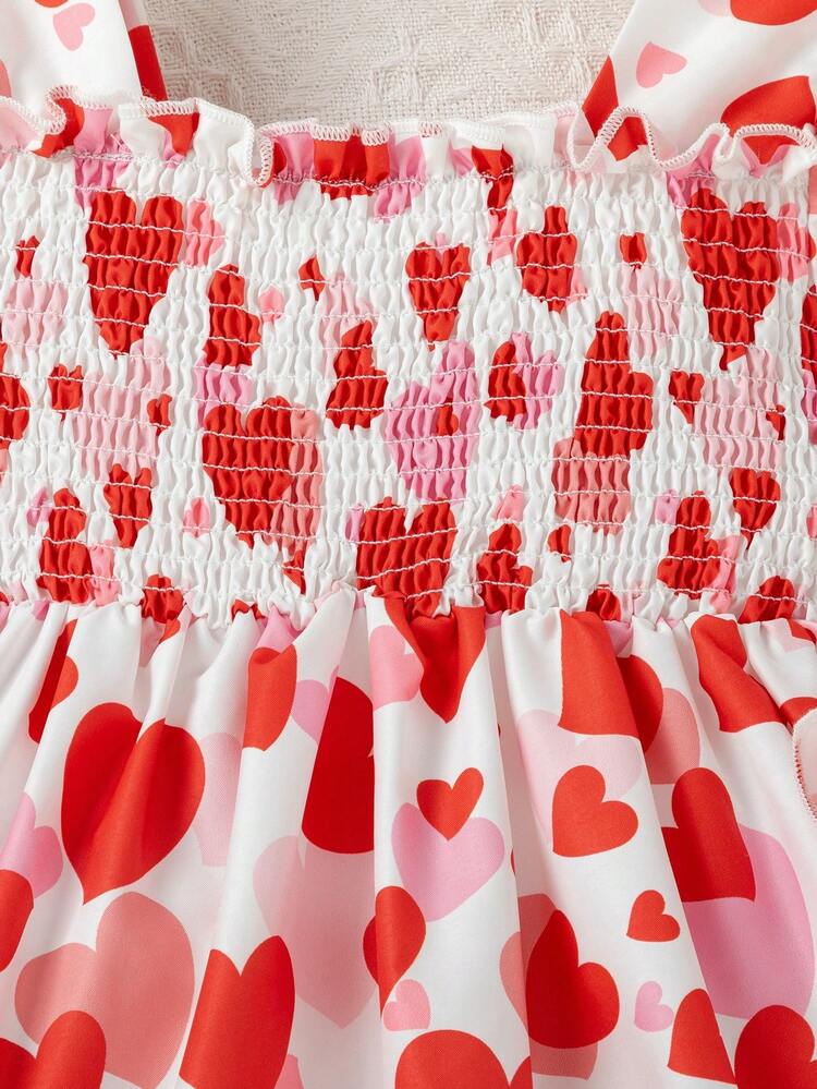 Young Girls' Valentine's Day Heart Print Ruffle Trim Long Sleeve Princess Dress For Spring/Autumn Parties And Holidays