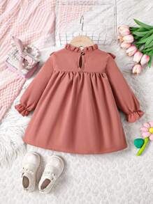 SHEIN Baby Girl'S Bowknot Decorated Ruffled Hem Dress With Bowknot Detail - Pink - View 2