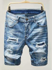 Manfinity Homme Men's Distressed Denim Shorts Jorts Plain Light Blue Vacation Basic Friends - Light Wash - View 1