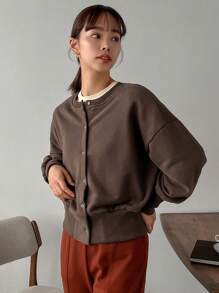 FRIFUL Women's Solid Color Drop Shoulder Button Front Sweatshirt - Coffee Brown - View 5