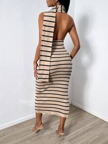 Zolique Long Sweater Dress For Women With A Scarf - Khaki - View 2