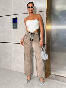 SHEIN BAE Pantalones Vaqueros De Carga Resistentes Con Acabado Lavado Y Cintura Con Cordón - Café integral - Ver 3