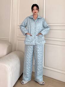 DAZY 2pcs Thick -Padded Floral Homewear Set Fall,Winter Pajama - Baby Blue - View 7
