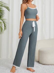 女士蕾絲修邊睡衣套裝 - 灰色 - 查看 6