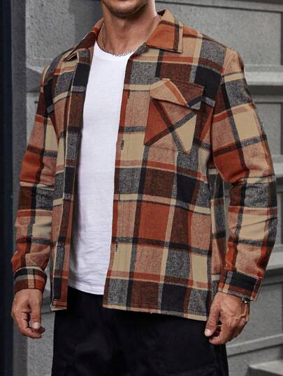 Extended Sizes Jaqueta Masculina Xadrez Com Bolsos De Remendo E Botões De Plus Size