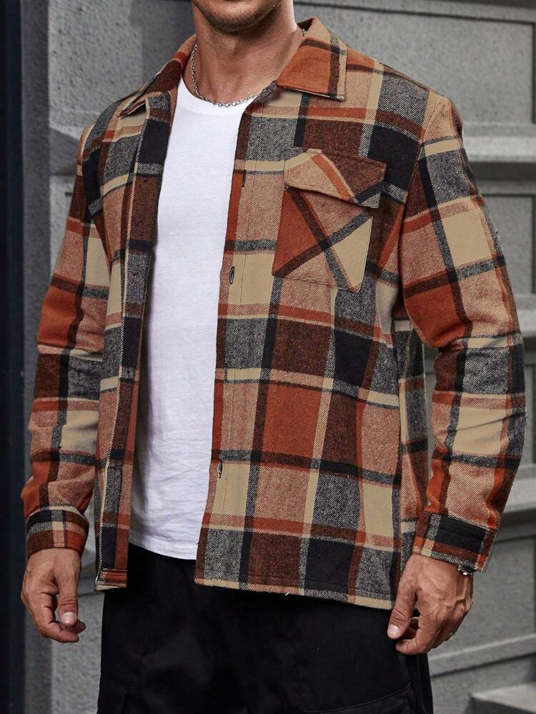 Men's Plus Size Plaid Patch Pockets Button Down Jacket