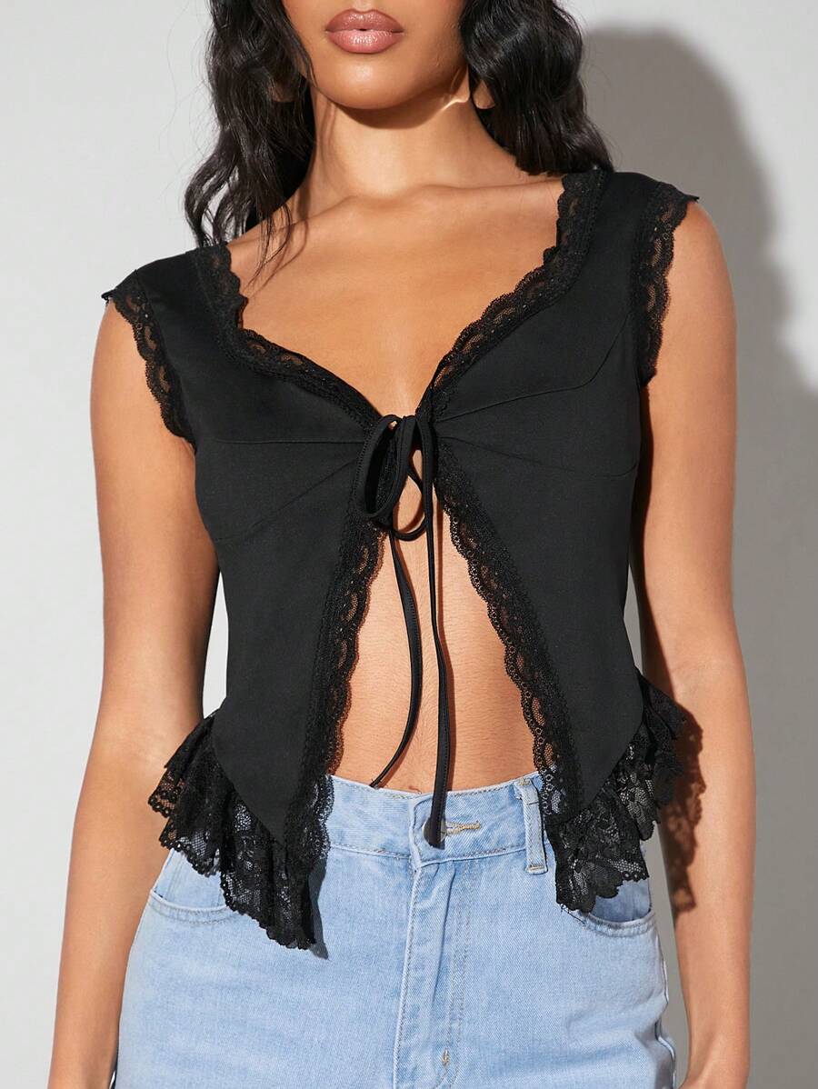 SHEIN BAE 黑色蕾丝边蝴蝶结吊带背心，性感派对和休闲装，夏季复古风格 - 黑色 - 查看 1