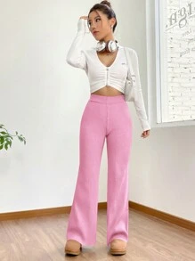 SHEIN EZwear Ladies' Solid Color Flare Leg Sweater Pants - Pink - View 6