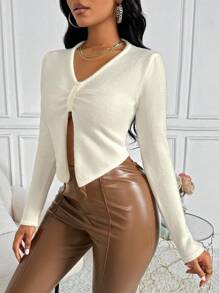 Zolique Women's Split Hem V-Neck Knit Pullover Fall Winter Sweater - White - View 4