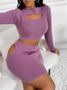 Zolique Conjunto De Falda Y Suéter De Manga Larga Ahuecado Para Mujer - Rojo violeta - Ver 1