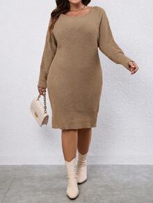 Calvaya 大尺碼女士實色寬鬆落肩休閒毛衣裙 - 杏色 - 查看 5