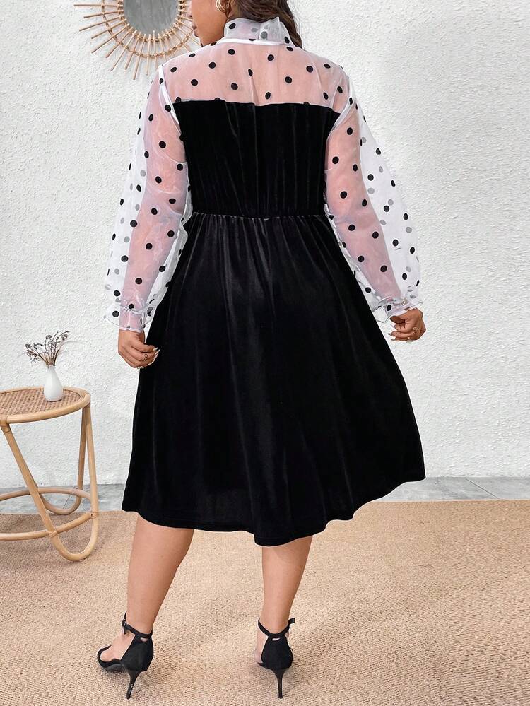 Plus Size Polka Dots Mesh Contrast Tie Neckline Dress