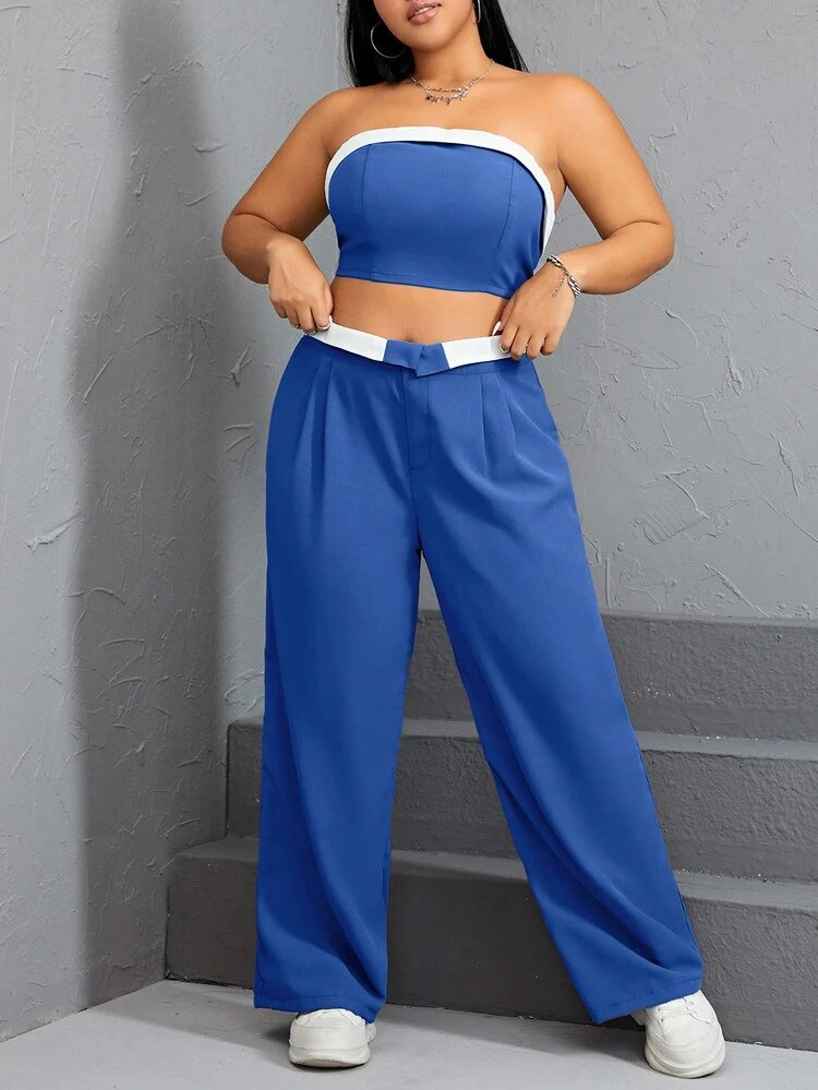 Plus Size Women's Colorblock Strapless Top And Pants Set