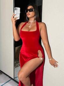 SHEIN ICON 大尺碼女士高開叉領口背心裙,雙層下擺設計 - 酒紅色 - 查看 6