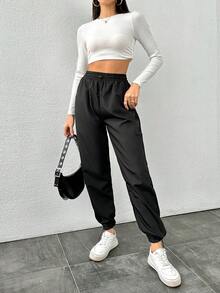 Women's Drawstring Elastic Ankle Sports Pants - Black - View 4