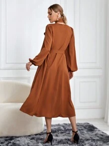 SHEIN Privé Vestido De Manga Farol De Color Liso Para Mujer - Marrón Mocha - Ver 2