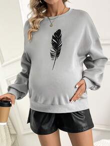 SHEIN Maternity Feather Print Drop Shoulder Sweatshirt, For Winter - Grey - View 5
