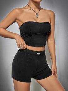 SHEIN EZwear 女士無肩帶上衣和短褲套裝 - 灰色 - 查看 4