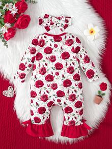 嬰幼兒女裝花印連體褲,帶有蕾絲和色塊細節設計和髮箍 - 彩色 - 查看 2