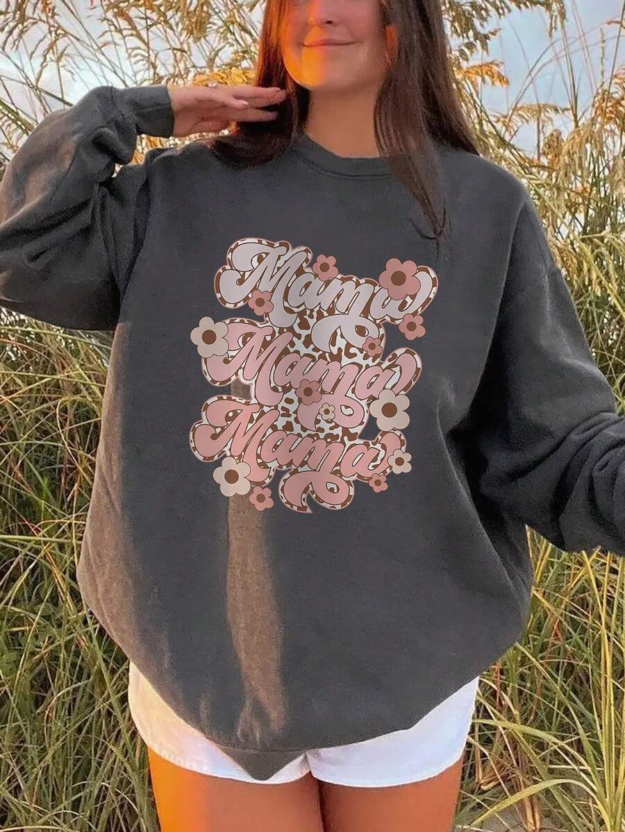 花卉和字母圖案落肩袖運動衫 - 深灰色 - 查看 1
