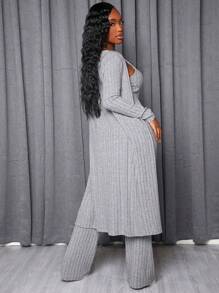 Slaydiva Home Basics Fleece Strip Casual Versatile Cardigan Jacket Camisole Jumpsuit Women's Two-Piece Set - Grey - View 5