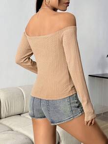 SHEIN Unity Mùa Xuân Off Shoulder Chặt Áo thun - Cà phê nâu - Xem 2