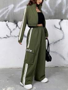 SHEIN EZwear 女性字母側條紋拉鍊連帽衫和翻蓋口袋長褲兩件套套裝 - 軍綠色 - 查看 6