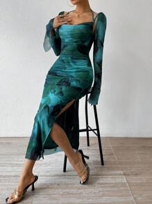 Chiquease Women's Tie-dye High Slit Dress With Ruffled Hem - Mint Green - View 6