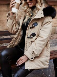 SHEIN LUNE Women's Hooded Padded Padded Coat Clothes Winter With Collar And Horn Button