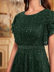 SHEIN Belle Women's Graceful Round Collar Dress With Ruffled Sleeves And Waistband For Holiday Party Clothes Maxi Sequin Women Outfit - Green - View 4