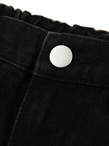 SHEIN Explorewe 女童直筒牛仔褲,有破洞設計和印有笑臉的圖案 - 黑色 - 查看 5