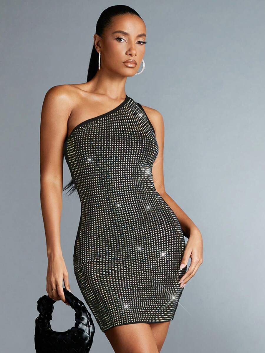 SHEIN BAE Của phụ nữ Sáng bóng Một  vai Đầm - màu đen - Xem 1