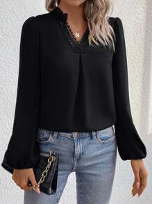 SHEIN Clasi Lace Spliced Lantern Sleeve Shirt - Black - View 1