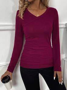 SHEIN Essnce Women's Ruched Wrap Neckline T-shirt - Burgundy - View 6