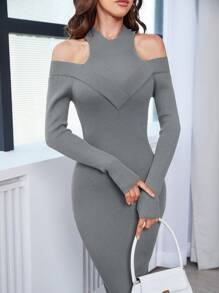 Modelyn Ladies' Solid Color Off-shoulder Sweater Dress - Light Grey - View 5