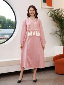 Sequin Embellished Tassel Detail Contrast Trim Dress - Pink - View 7