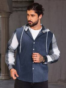 Manfinity Homme Men Plus Hooded Plaid Shacket With Upward Button And Drawstring Design