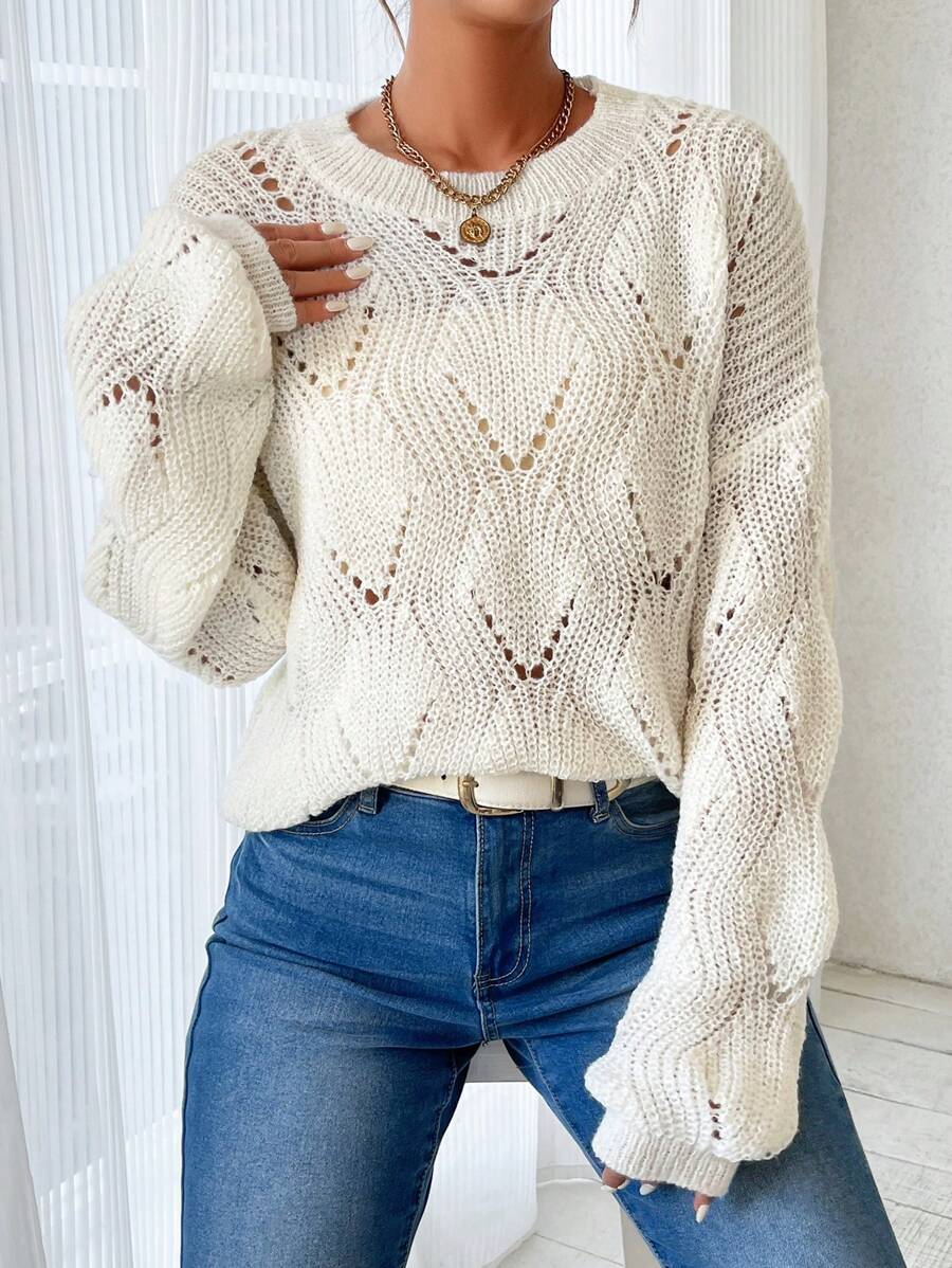 SHEIN LUNE Jersey de cuello redondo, hombros caídos y tejido calado para mujer, para otoño e invierno - Blanco - Ver 1