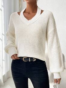 SHEIN LUNE Solid Color Hollow Out Casual Sweater With Drop Shoulder