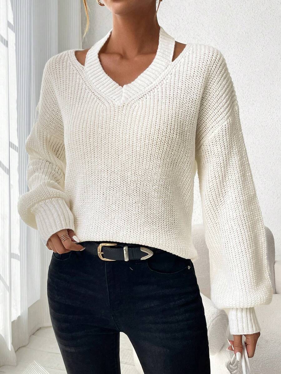 SHEIN LUNE Solid Color Hollow Out Casual Sweater With Drop Shoulder
