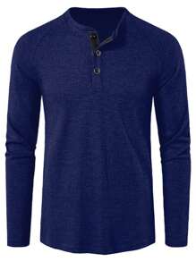Manfinity Homme 男式纽扣半襟插肩袖长袖 T 恤，秋季 - 寶藍色 - 查看 4