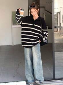DAZY Áo len chui đầu kẻ sọc vai trễ thường ngày, quần áo mùa thu - màu đen - Xem 4