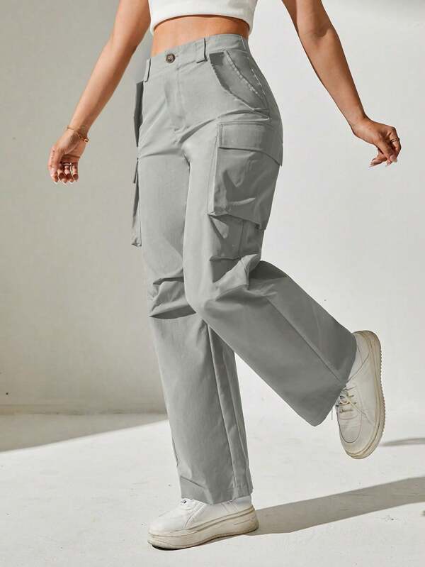 SHEIN PETITE Women's Solid Color Flap Pocket Long Pants